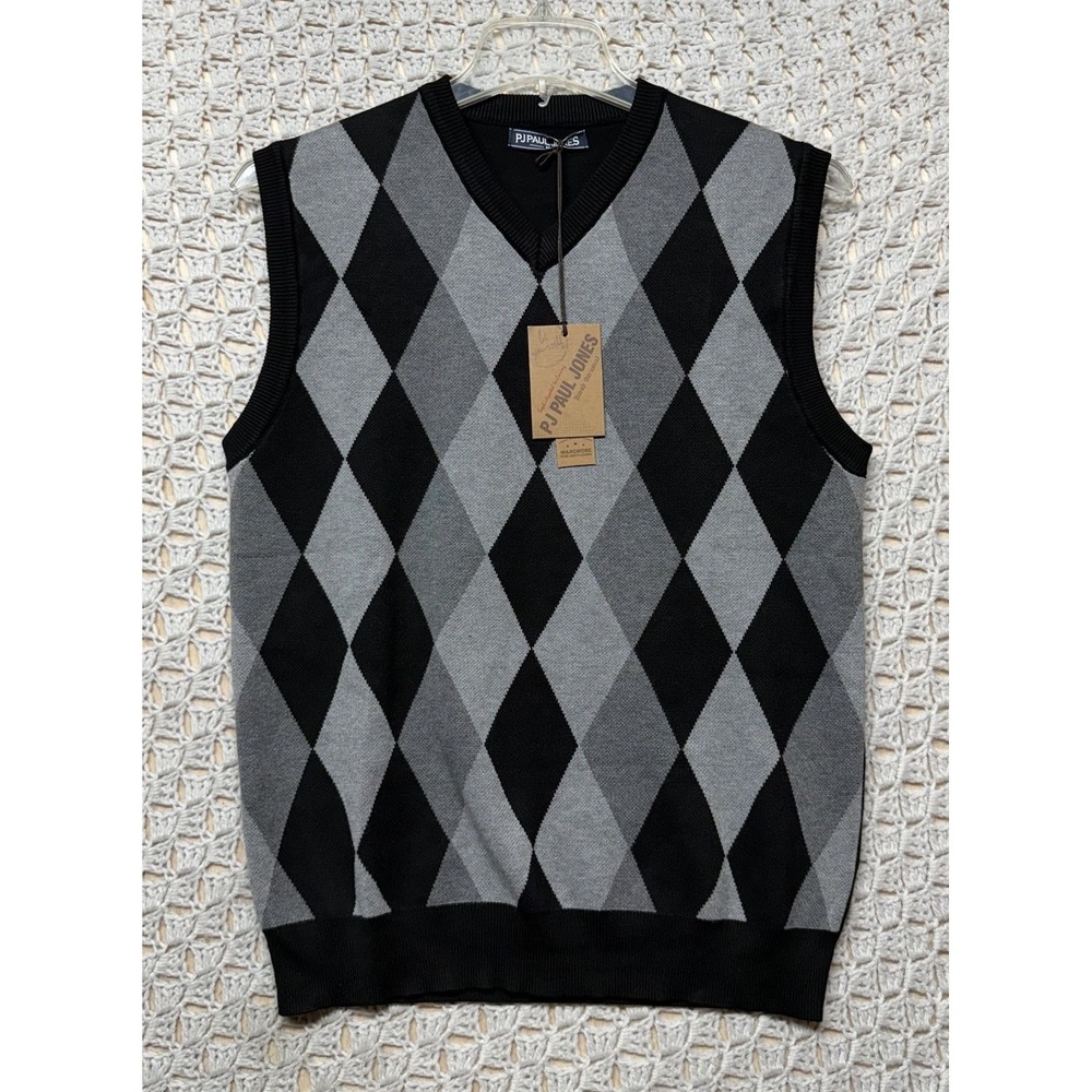 PJ Paul Jones Argyle Sweater Vest Sleeveless Knit Mens Sz M Black Gray NWT